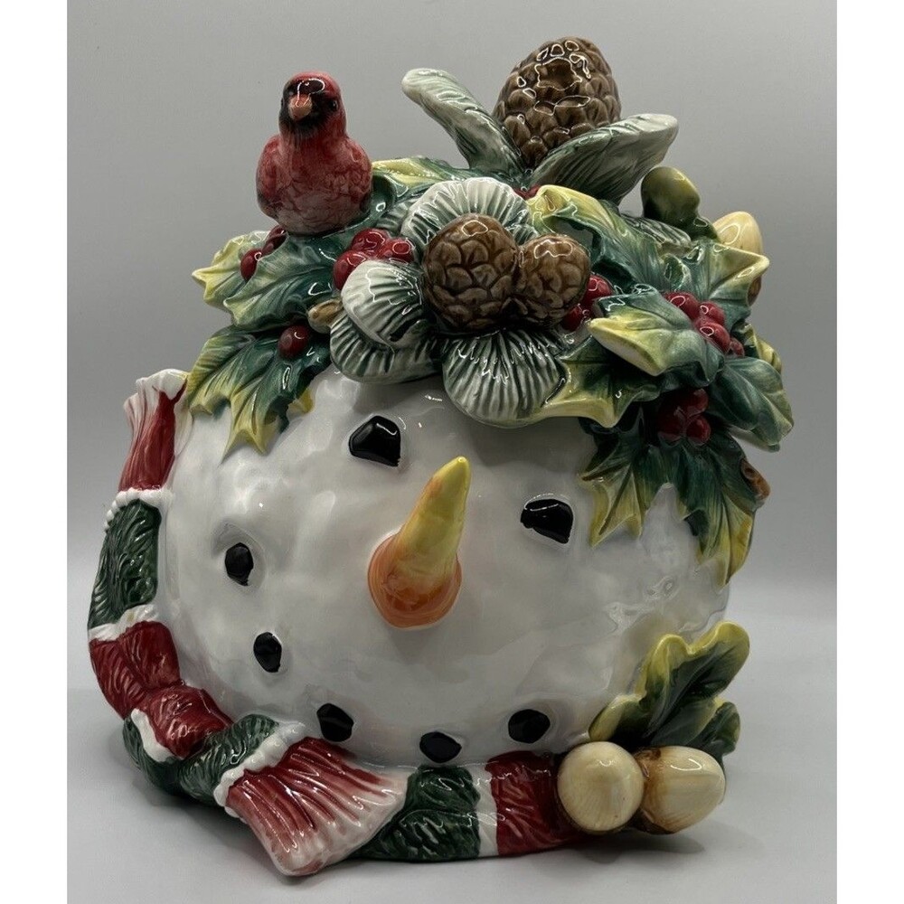 CHRISTOPHER RADKO ROUND SNOWMAN CARDINAL COOKIE JAR CHRISTMAS NEW 10 IN X 9IN